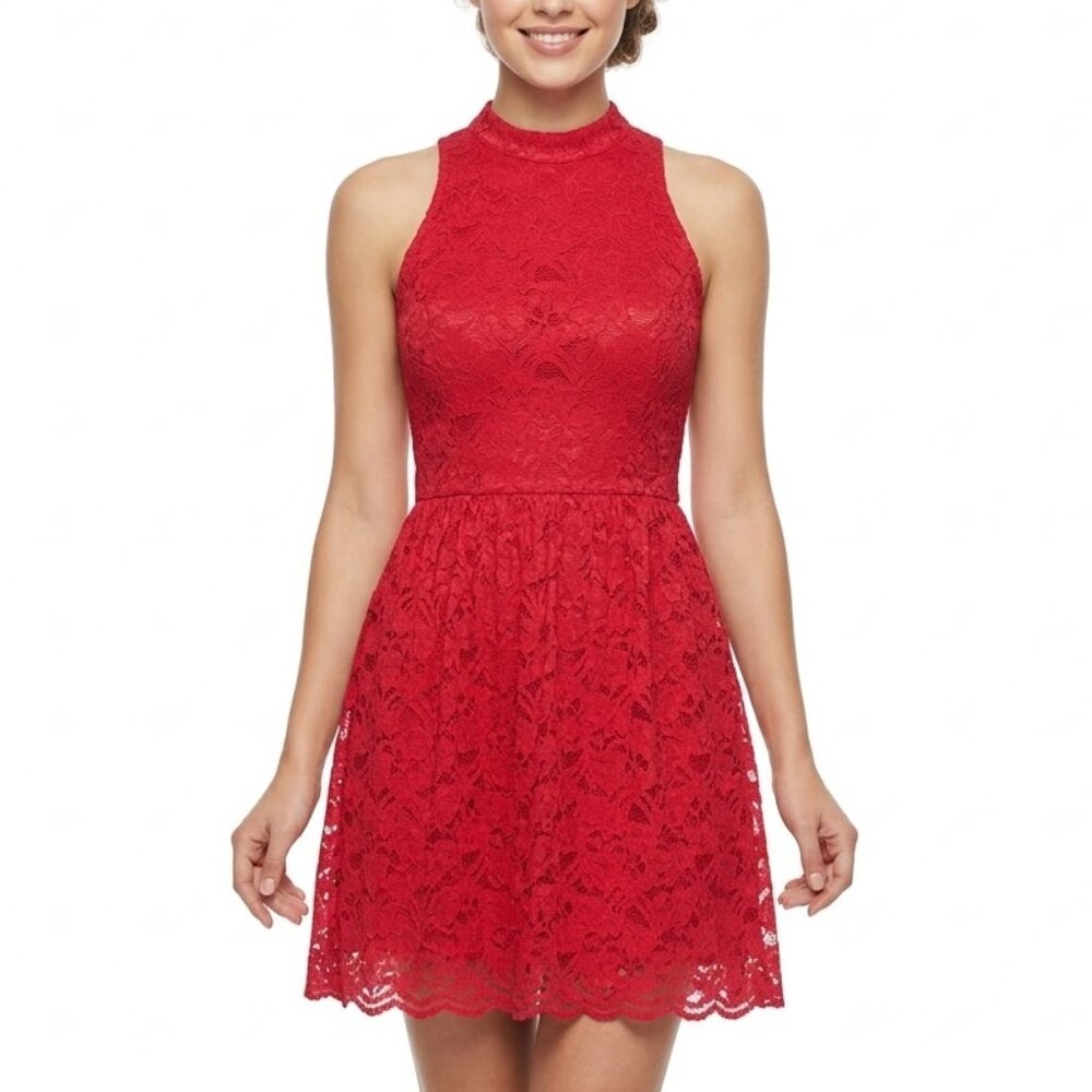 Hollister Red Lace Halter Dress Open Back Mini Skater Coquette Y2K Party Goth Sm